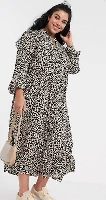 $79 • Buy Asos Design Curve Button Through Tiered Smock Maxi Dress In Leopard Print 18