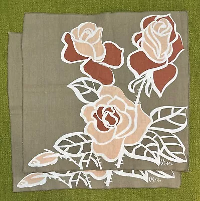 2 Vintage VERA NEUMANN Roses Floral Cloth Napkins TAUPE Light Peach RUST OCHRE • $22.99