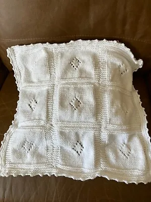 New Hand Knitted Baby Blanket White Aran Approx 22.5ins X 22.5ins • £10