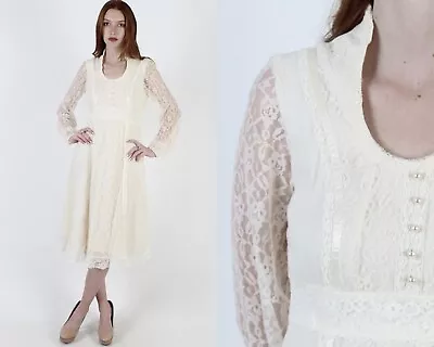 Vintage 70s Prairie Wedding Dress Sheer Ivory Floral Lace Bohemian Garden Mini • $72