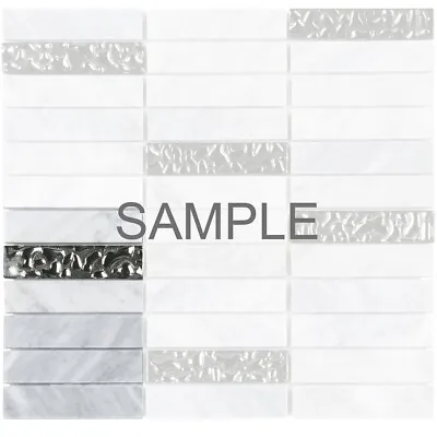 White Carrara Marble Stone Silver Glass Mosaic Tile Stacked Kitchen Backsplash • $2.99