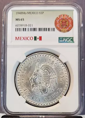 1948 Mexico Silver 5 Pesos S5p Cuauhtemoc Ngc Ms 65 Beautiful Gem Bu Coin • $89.95