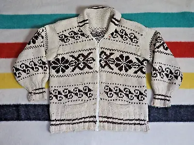 VTG 70s Cowichan Salish Beige Brown Heavy Knit Wool Zip Lebowski Sweater M • $111.01