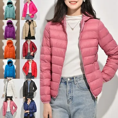 Ladies Puffer Jacket Full Zip Outwear Women Hooded Outdoor Casual Pocket Coat • £20.49