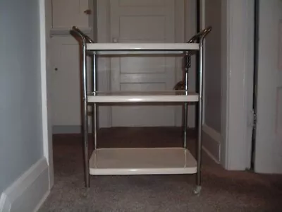 Vtg Cosco Metal Utility Table Rolling Cart 3 Tier Kitchen Home- White No. 12-104 • $89.99