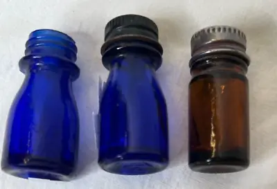 3  Vintage 2 Cobalt Blue Glass Bottles 1 Amber Bottle Miniature  2 Have Tops • $8