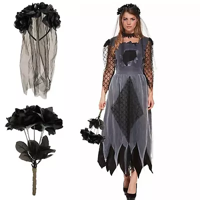 Bride Evil Corpse Roses Wedding Halloween Fancy Dress Day Of The Dead Party UK • £4.76