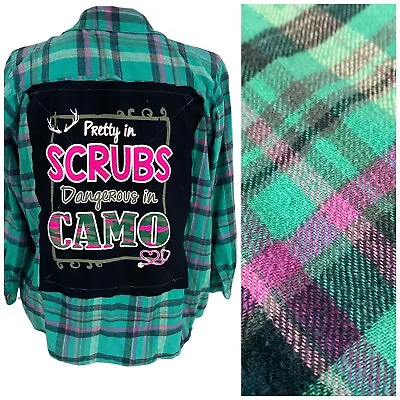 Upcycled Flannel Shirt Womens 22W RN Scrubs Camo Green Plaid Country Grunge Camp • $39.97