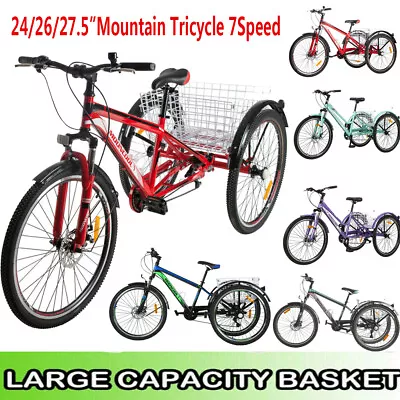 24/26/27.5” Mountain Tricycle 7 Speed 3 Wheels Cruiser Trike Bike Multi-Colors • $325