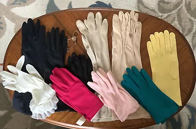 14 VINTAGE GLOVES Turquoise-Pink-Magenta-Black-Tan-Yellow-Ruffle + PURSE HOLDER • $55