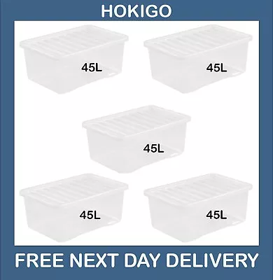 HOKIGO 45 Litre Storage Box Clear Home Storage Boxes With Lids  (5 Pack) • £36.99