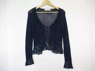 Edina Ronay Beaded Crochet Cardigan Navy Blue Medium Tie Front Long Sleeve Retro • £15