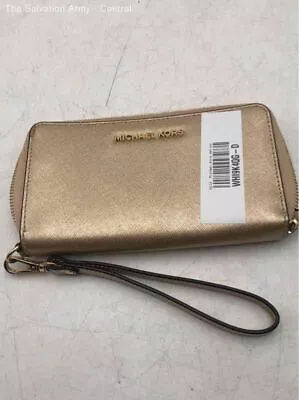 Michael Kors Womens Gold Leather Inner Pockets Wristlet Strap Zip Around Wallet • $14.50