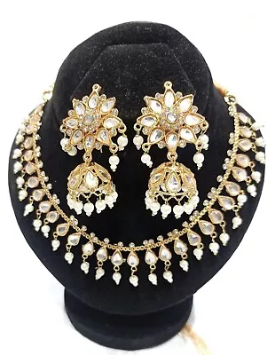 Indian /Pakistani Designer Kundan Necklace Earring Set Crystals Pearls • $24.99