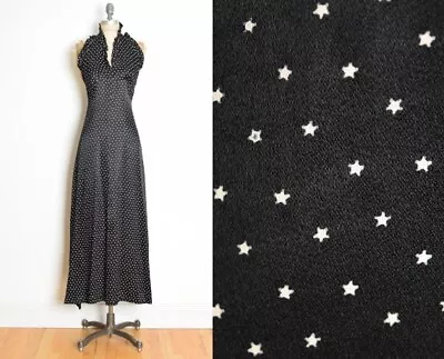 Vintage 70s Dress Black Satin STAR Print Ruffle Long Maxi Prom Party Disco XS S • $78
