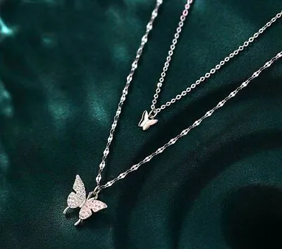 £3.49 • Buy Double Crystal Butterfly 925 Sterling Silver Chain Necklace Christmas Women Gift