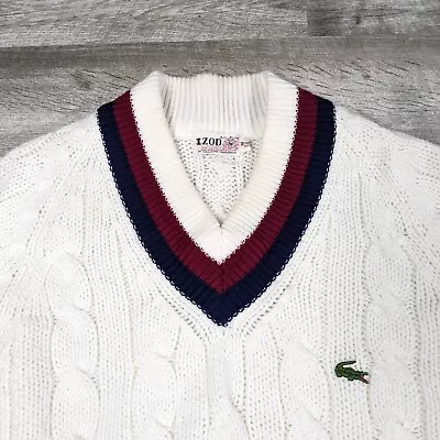 Vtg Izod Lacoste Sweater Adult Medium White Cable Knit Vneck   Tennis Preppy 70s • $49.99