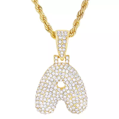 A - Z Initial Bubble Letters Gold Plated Iced Pendant 20  Rope Chain Necklace • $10.99