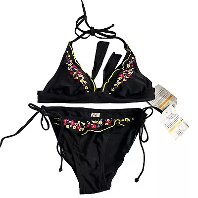 Hobie Bikini Set Swimsuit Small Black Embroidered Flowers Halter Triangle Swim • $24.99