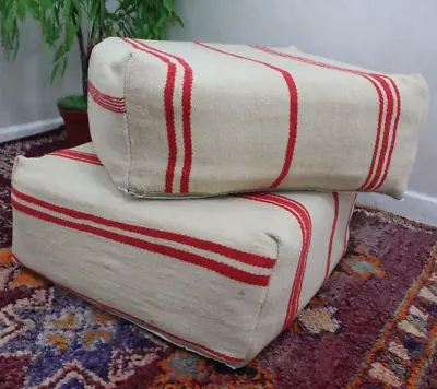 Set Of 2 Vintage Handmade Moroccan Pouf Berber Yoga Cushion Ottoman Footstool • $250