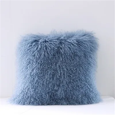 Real Mongolian Fur Pillow Case Tibetan Lamb Wool Cushion Cover Gray Blue Square • $61.74