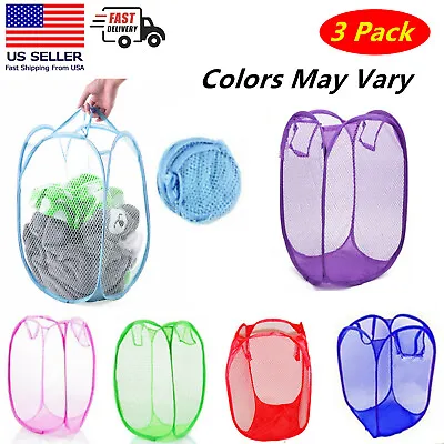 3x Foldable Portable Washing Clothes Laundry Basket Bag Bin Hamper Mesh Storage • $12.99