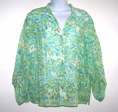 Ruby Rd. Sea Glass Semi-Sheer Blouse Size 14 Roll Tab Sleeve Ocean Colors V-Neck • $8.80