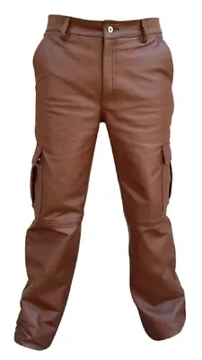 Mens Cargo Pants Real Brown Leather Six Pockets Jeans Fully Lined Cargo Trouser • $109.99