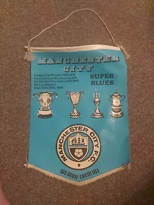Rare Vintage Manchester City 1970s Large Pennant Club Crest With Trophies • £18