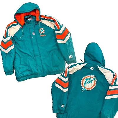VINTAGE Miami Dolphins Jacket Adult 2XL Aqua NFL Coat Mens Hood Puffer 90s FLAW • $100