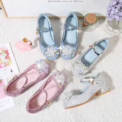 UK Kids Elsa Princess Shoes Girls Party Sequins Glitter Fancy Dress Sandals Size • £13.33