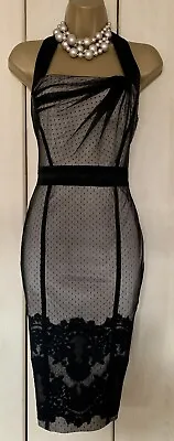 Karen Millen Polka Dot Mesh Corset Halter Wiggle Dress Black Nude UK8 Xmas Party • £69.99