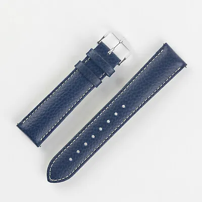 Hirsch KANSAS Buffalo-Embossed Calf Leather Watch Strap - BLUE With White Stitch • £22.95