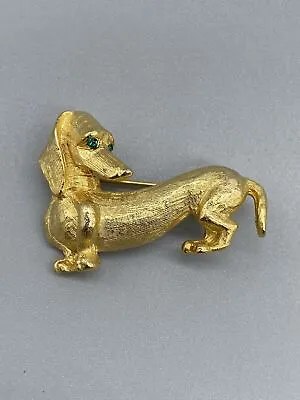 Vintage Designer Gold Tone Green Eyes Rhinestone Dachshund Dog Brooch Pin • $34.99