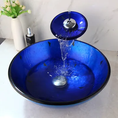 £145 • Buy Blue Round Bathroom Glass Vessel Sink Basin Bowl Combo Mixer Taps Pop Drain Set