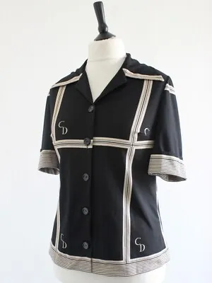 Vintage 1970s Wide Collar Shirt C D Short Sleeve Black Cream MOD Retro Top 12 • £17.99