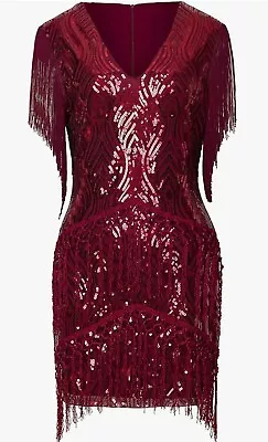 Women’s Dress SZ M Wine Red Flapper Dress 1920s V Neck Beaded Fringed Party NWT • $19.99