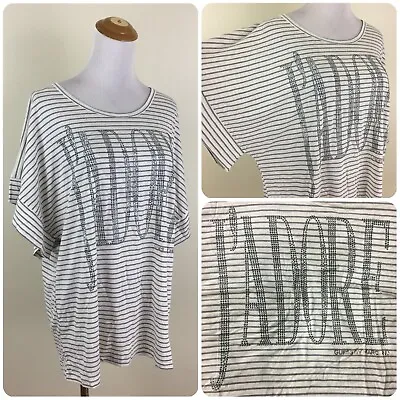 $62 NWT GUESS By MARCIANO Sz Medium Striped Silver Rhinestone J'ADORE Shirt Top • $20.40
