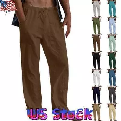 Mens Loose Cotton Linen Straight Pants Elastic Waist Casual Wide Leg Trousers US • $19.89