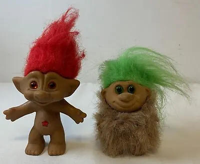 Lot Of Two Vintage TROLL DOLLS ~ Red Treasure Troll Green Hair With Brown Fur • $9.95