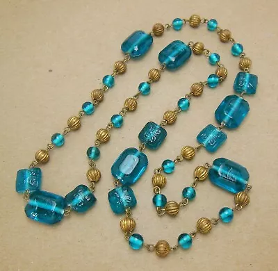 Vintage Art Deco Czech Pressed Molded Aqua Turquoise Glass Flower Bead Necklace • $11.99