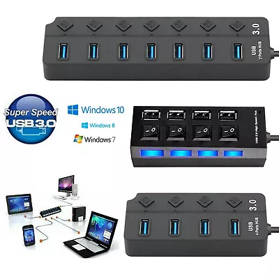 7 Port Powered USB 3.0 2.0 Hub On/Off Switches Splitter W/ Cable For PC Laptop • $5.31