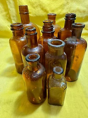 Lot Of 10 Vintage Small Amber Brown Medicine Glass Apothecary Bottles • $24