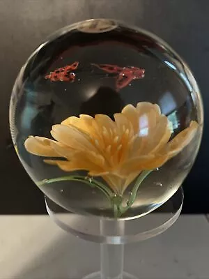 Murano Label Control Bubble Glass Paperweight Orange Flower Butterflies Vintage • $34.99