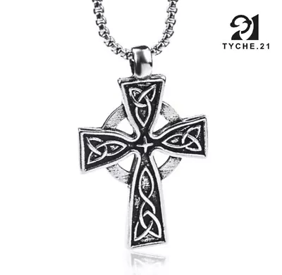 Mens Vintage Celtic Cross Irish Knot Pendant Necklace Stainless Steel Chain 24  • $11.99