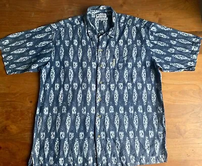 Columbia Vintage 90s Blue Abstract Print Hawaiian Chambray Button Shirt XL • £11.90