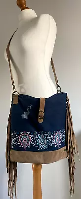 £14 • Buy Y2K Animal Blue Hippie Embroidered Canvas & Suede Fringe Crossbody Bag