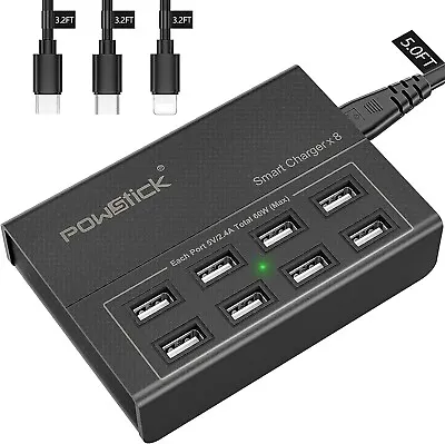 USB Charger StationPowstick 8 Ports Charging Hub 60W/12A Included 3 Mixed Cabl • $15.99