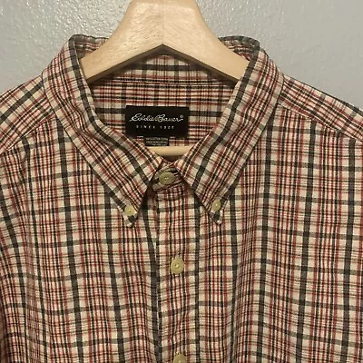 Eddie Bauer Shirt Mens 3XL Tall TXXXL Flannel Plaid Blue Cream Red Heavy • $24