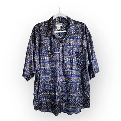 VTG BOGARI 100% Silk Button Up Short Sleeve Shirt Mens XL Blue Batik Breathable • $14